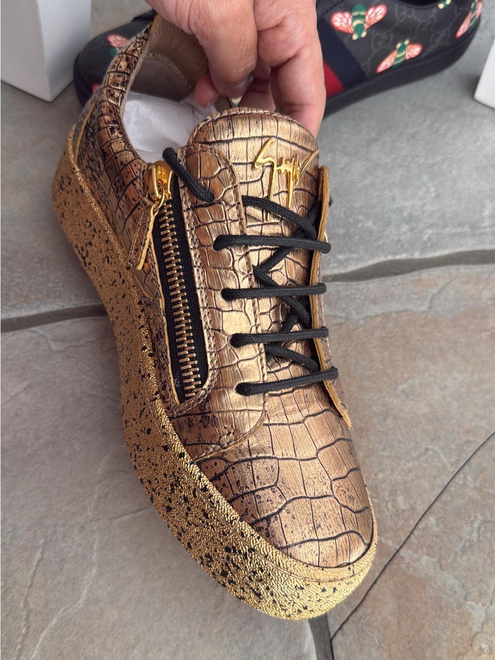 Giuseppe Zanotti Metallic Gold Croc-Embossed Platform Sneaker